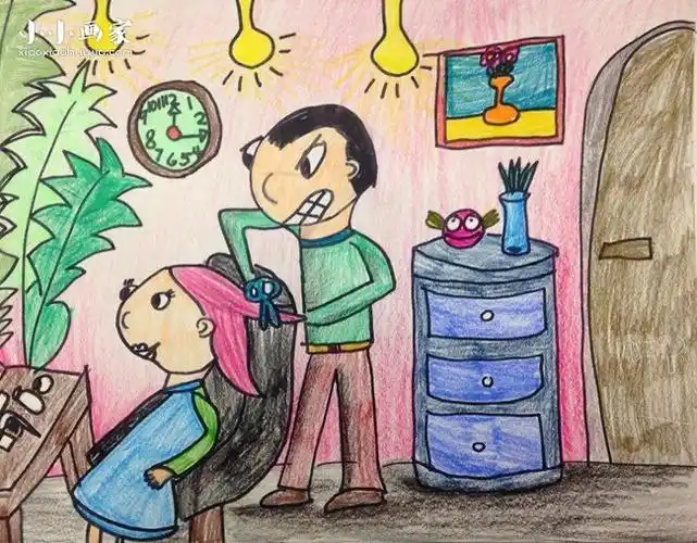 理发的小姑娘蜡笔画作品图片_小小画家