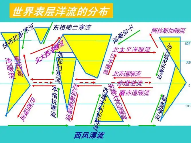 世界表层洋流的分布 东格陵兰寒流 北太平洋暖流 阿拉斯加暖流 北
