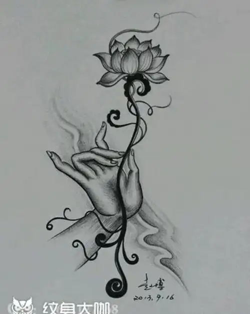 佛手莲花纹身手稿纹身图片_背部传统宗教手稿纹身图案