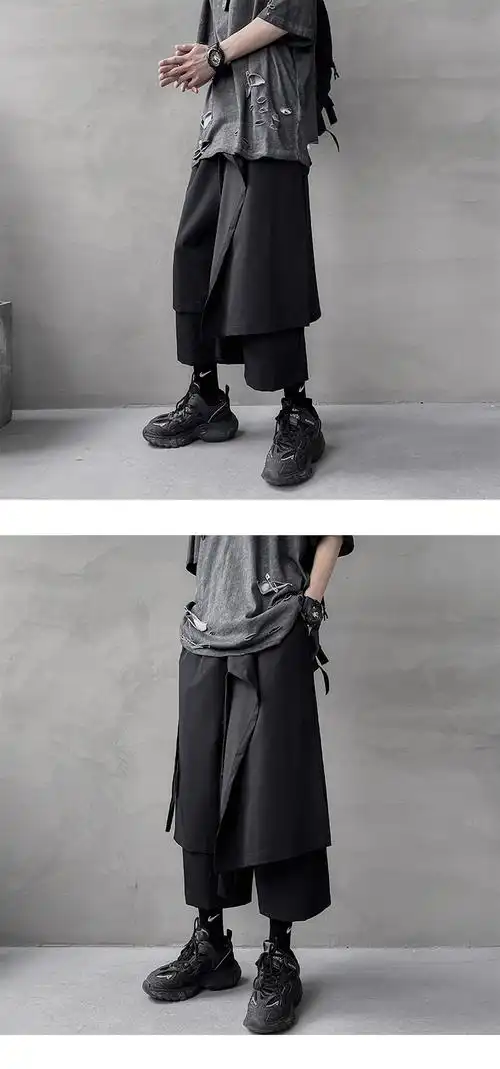 男生穿的苏格兰裙裤山本风假两件暗黑系男装2022新款黑武士裤子男七分