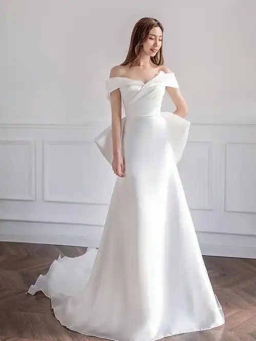 tjvj【纯洁】超仙梦幻简约轻纱一字肩婚纱礼服新娘修身鱼尾主婚纱