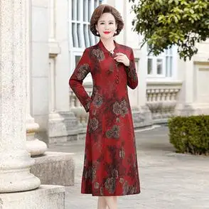 中年妈妈秋装旗袍连衣裙女2022新款气质中老年人洋气高贵长袖裙子