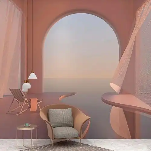 网红莫兰迪色拱门客厅墙纸海景视觉延伸壁纸服装直播间