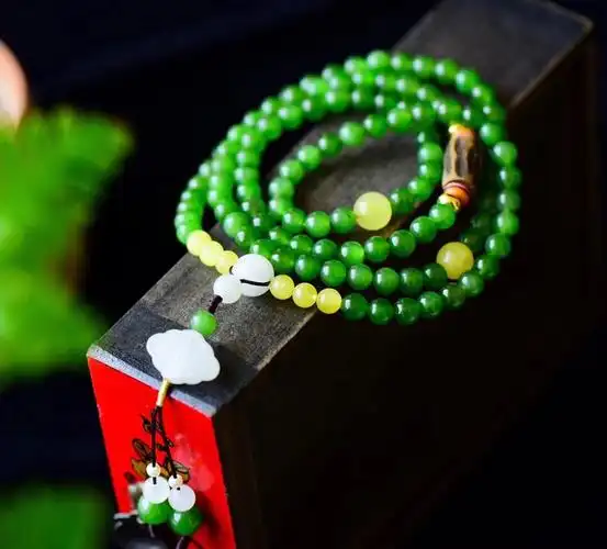 天然和田碧玉108颗佛珠手链6mm珠清清爽爽的菠菜绿油润漂亮无黑点