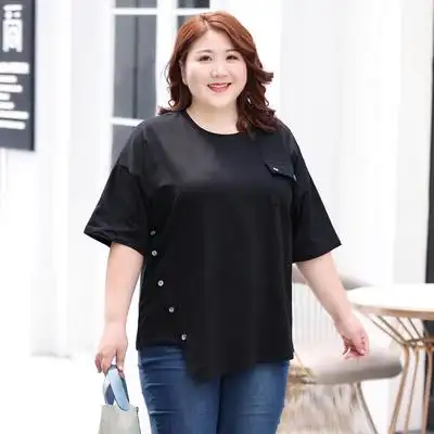 大码纯棉女t恤夏季200斤胖mm加肥加大宽松遮肚不规则洋气纯棉上衣
