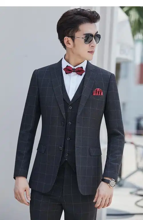 tuiuk新郎西服套装男婚礼修身结婚礼服青年正装英伦风格子西装男 明睿