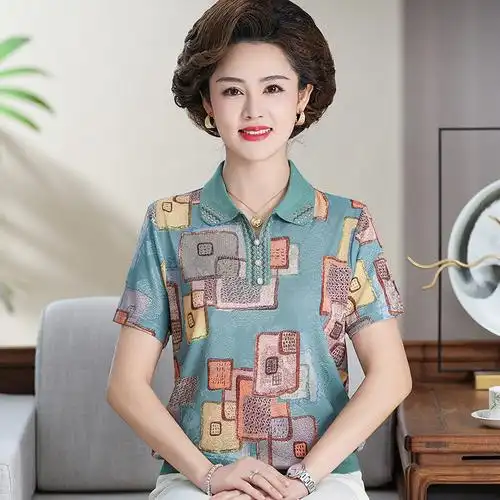 2024妈妈夏装洋气短袖t恤衫40岁50中年女装上衣服中老年冰丝小衫