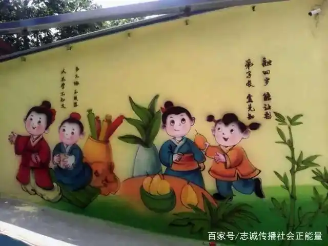 这是幼儿园外墙国学礼仪教育,稚嫩可爱的小孩,让人可亲可敬.