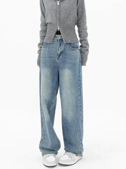 ootd 美式复古蓝阔腿牛仔裤