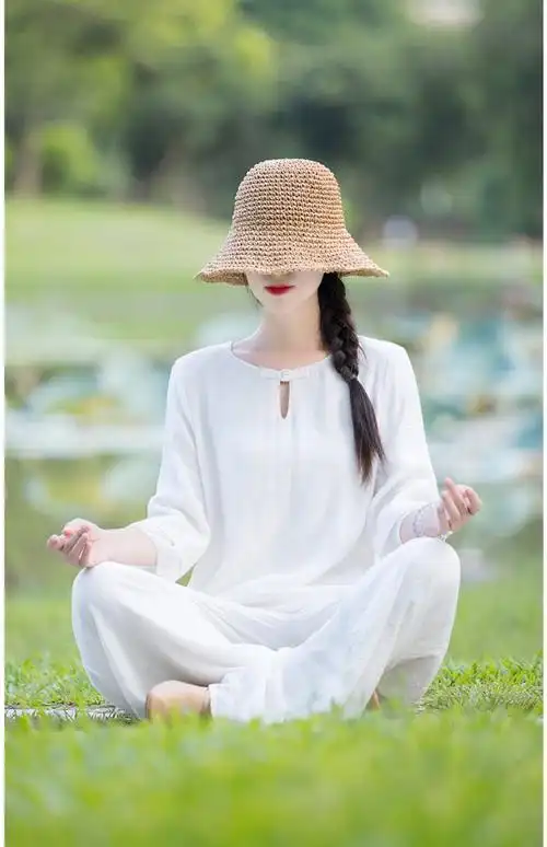 女夏棉麻套装中国风禅意女装复古茶服禅修服打坐居士服两件套白色l