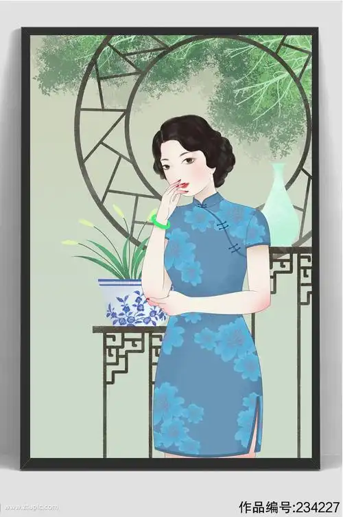 古韵民国风旗袍手绘插画