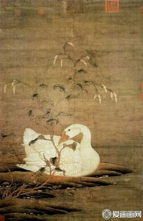 赵佶《红蓼白鹅图》-宋徽宗传世名作,工笔花鸟画名画高清大图赏析