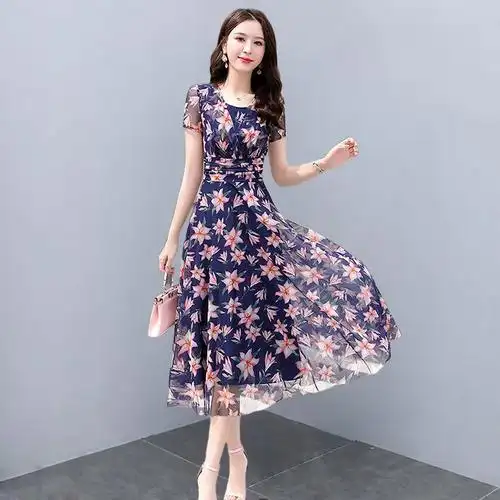 花色大码2021新品超仙收腰显瘦轻熟气质裙子短袖冰丝连衣裙女夏装