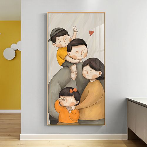 入户玄关装饰画一家四口简约现代竖版客厅墙壁画温馨卡通人物挂画