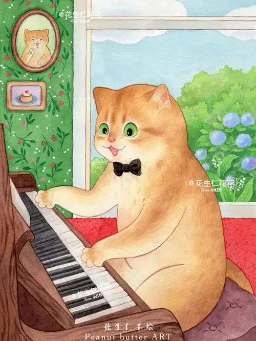 弹钢琴的小旺仔水彩插画