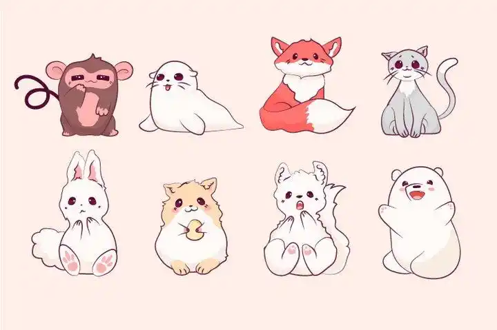 8款可爱的卡通小动物猴子海豹狐狸猫咪兔子图片免抠矢量素材
