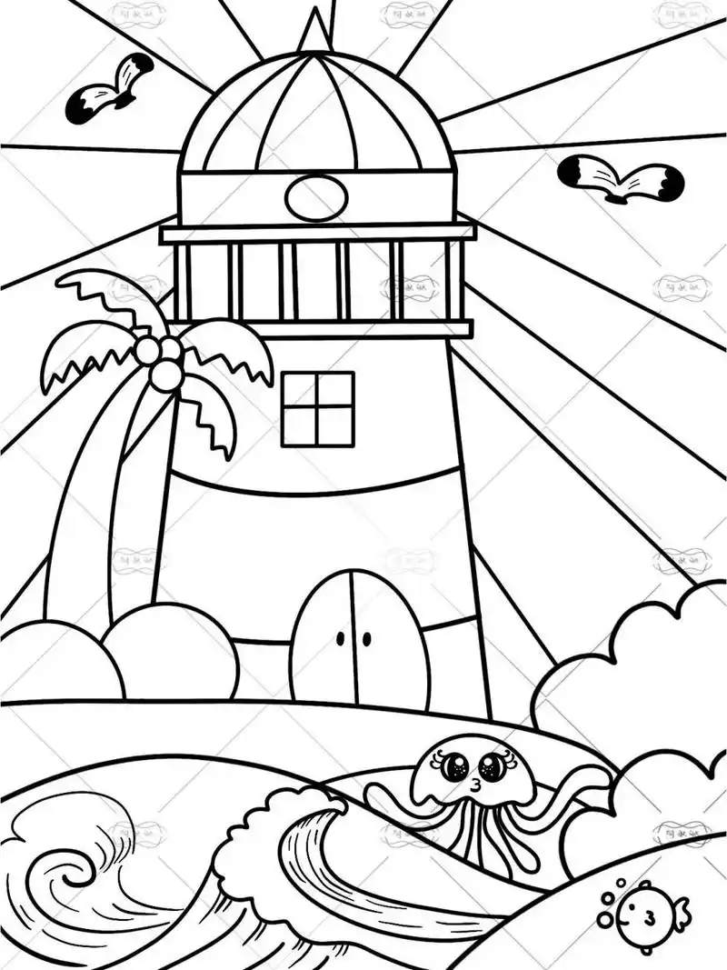 马克笔儿童画|少儿美术【内附线稿】灯塔画 今天一起来画海岛上的灯塔