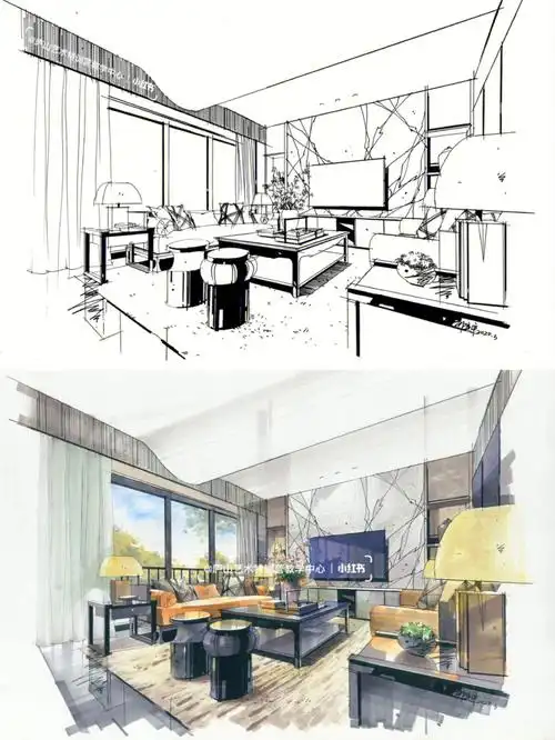 客厅空间照片写生线稿步骤77马克笔上色