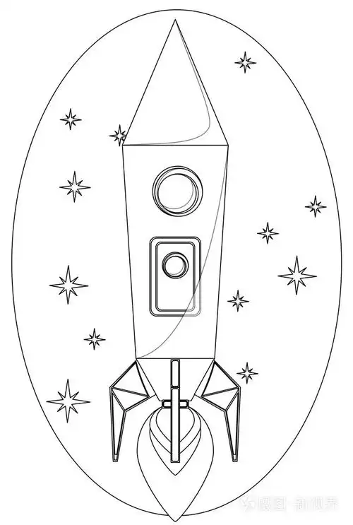 插画 火箭飞行在太空中一颗星星,绘制的轮廓线.矢量.eps