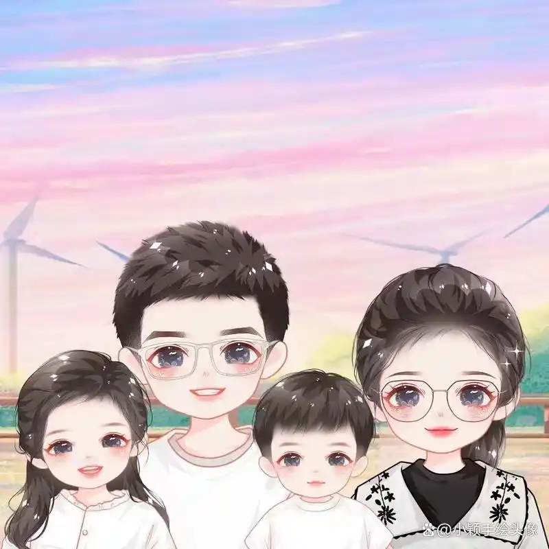 全家福头像,精致一家三口,四口卡通头像,幸福温馨美好