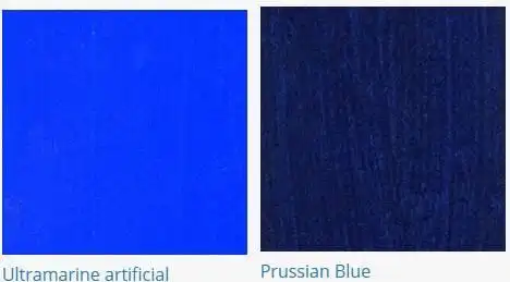 蓝和普鲁士蓝的对比 下图显示了群青蓝和普鲁士蓝的颜色对比示意图: 2