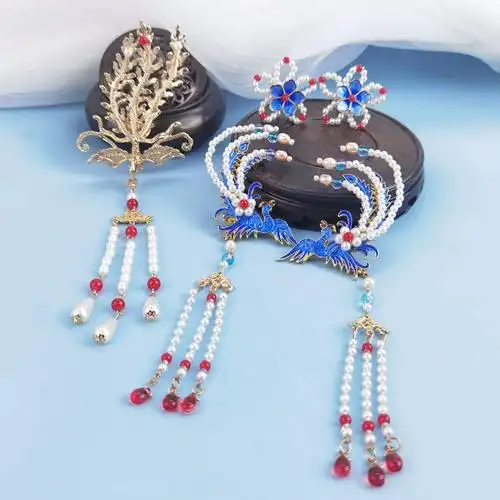 古风凤凰发冠发夹组合偏凤发钗烧蓝边夹汉服流苏明制u钗头饰套装