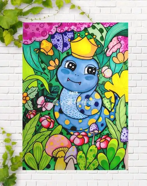 马克笔儿童画5萌宠小蛇附加线稿