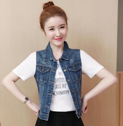 牛仔马甲女大码女装韩版短款宽松坎肩牛仔马夹胖mm背心外套潮图片色s
