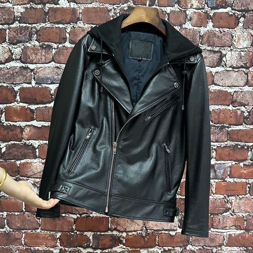 秋冬新款进口真皮皮衣男士外套小牛皮可脱卸连帽款机车服短款夹克