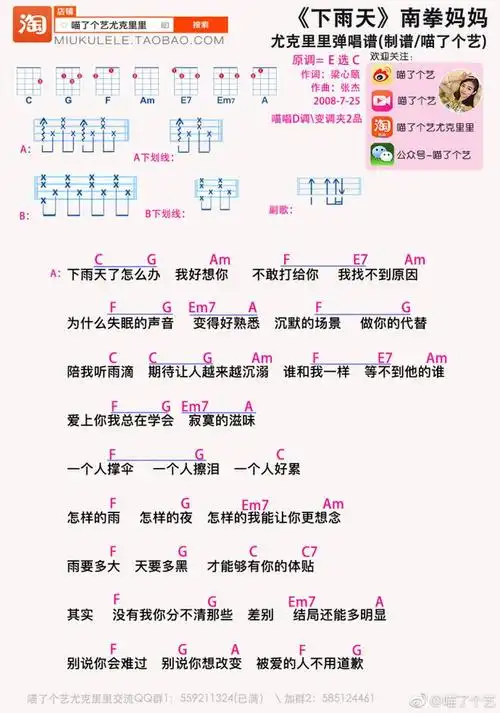 南拳妈妈【下雨天】尤克里里弹唱谱