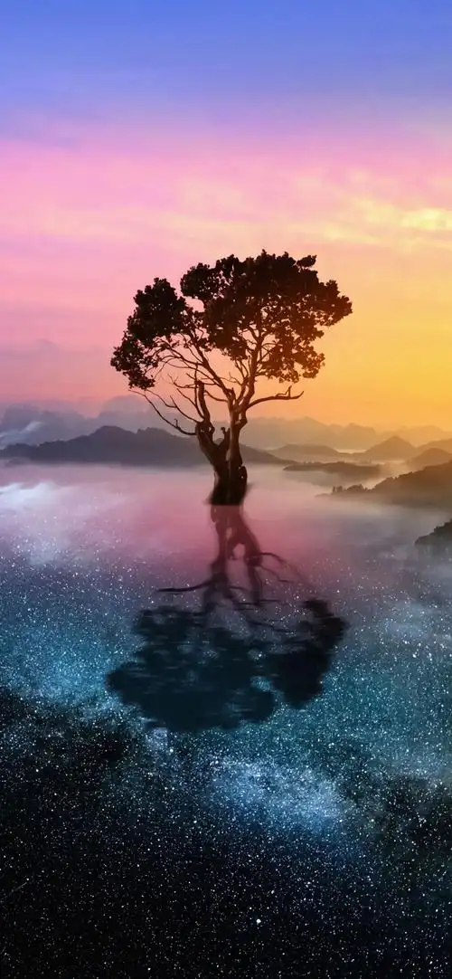 仙境般的风景有一个大树和倒影唯美景色手机壁纸