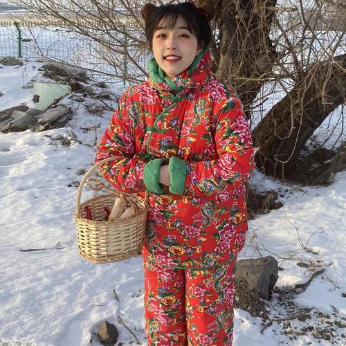 农村老式花棉袄女东北套装大花棉袄女式洋气大花布网红男女加厚