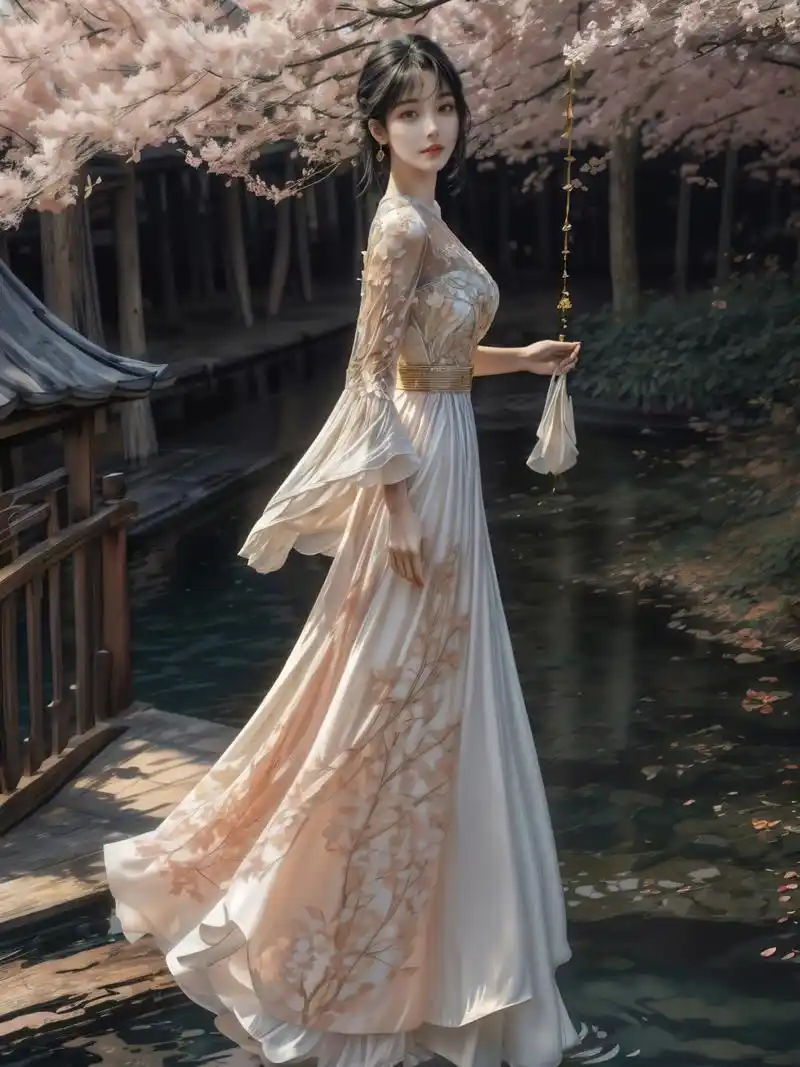 ai美女图片#每日ai美女秀	小姐姐身穿蓝色丝绸汉服,站在一座半圆形的