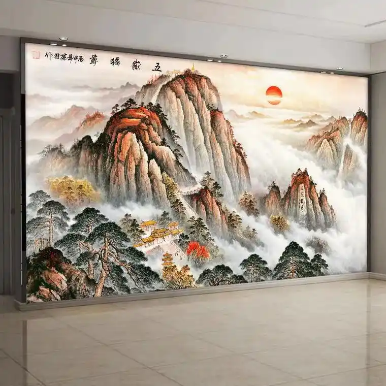 中式山水画客厅电视背景墙无缝墙布壁纸8d