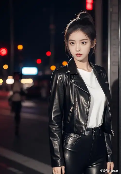 美女壁纸:繁花似锦的夜晚,黑色皮衣女神的时尚魅力_街道_都市_皮夹克