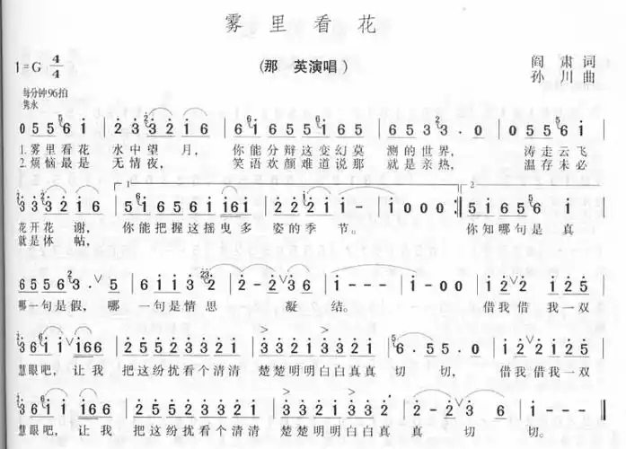 雾里看花 那英 歌谱 简谱