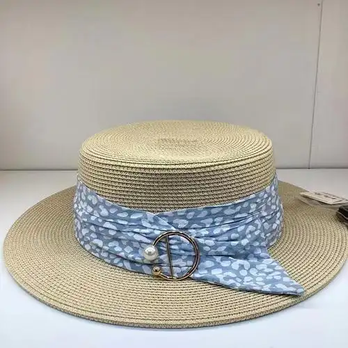 英伦字母绑带平顶草帽女夏天防晒印花遮阳帽子小清新度假草编礼帽