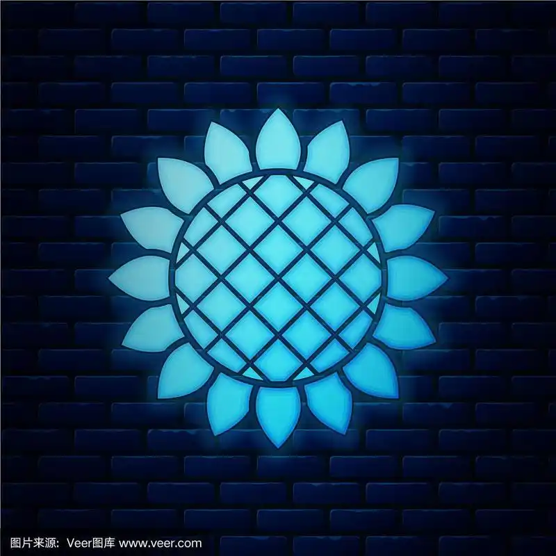 发光的霓虹灯向日葵图标孤立在砖墙上