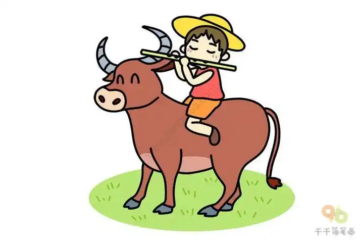 画小孩怎么画正在放牛的儿童坐在牛背上的牧童简笔画牧童骑黄牛|清明