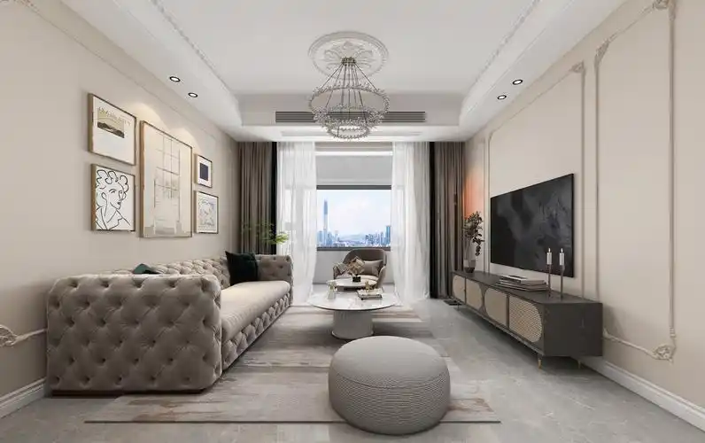 奶咖色是客厅的主调,加入法式线条进行简单勾勒,缓和纯色乳胶漆的单调