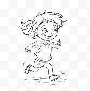 为孩子们绘制的正在奔跑的女孩轮廓素描的着色页 向量