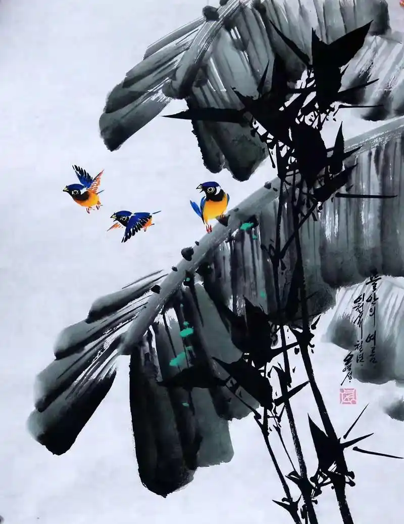 写意花鸟画:泼墨放笔画芭蕉,没骨手势画小鸟