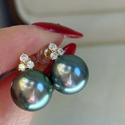 南洋金珠珍珠耳钉正圆强光浓金珍珠耳环925银镀18k金孔雀绿珍珠女