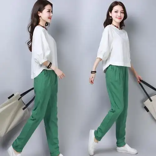 夏款套装女时尚两件套女士新品韩版休闲女士小清新棉麻套装亚麻潮