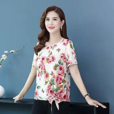 中老年女夏装气质时尚印花t恤衫