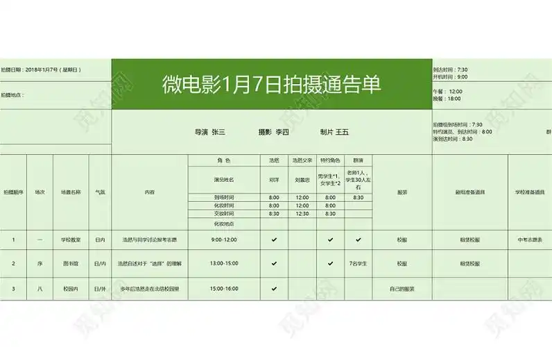 常用微电影拍摄通告单excel模板