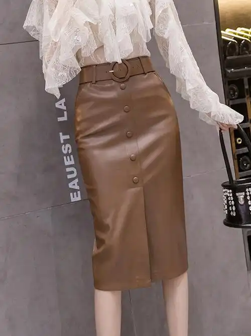 卡其色秋季开叉皮裙包臀裙半身裙女秋冬2021年新款高腰中长款包裙