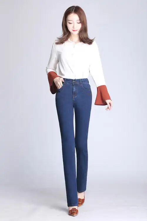 高腰新款牛仔裤女装休闲直筒长裤 弹力女式牛仔裤子外贸批发