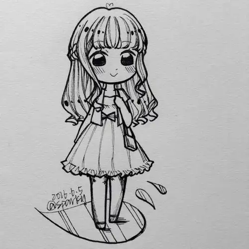 手绘 线稿 q版 女孩