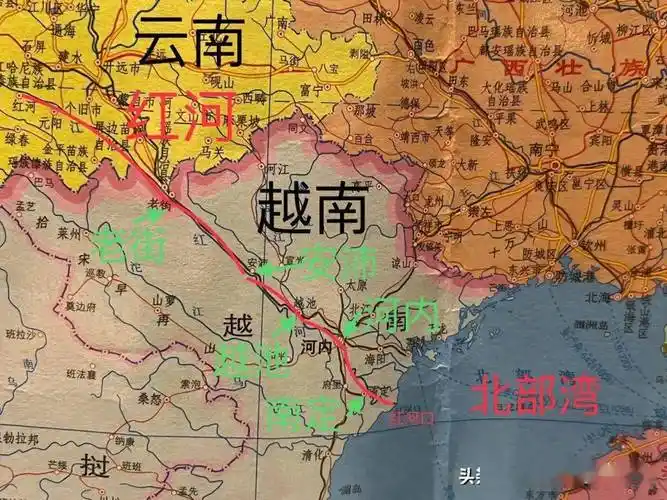 红河经安沛,福寿,越池,到达河内市,红河从越南-老街流入越南境内;红河